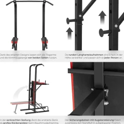 tectake® Power Tower, mit klappbarer Hantelbank und Langhantelablage, gepolstert mit Kunstlederbezug, 180 x 95 x 210 cm
