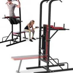 tectake® Power Tower, mit klappbarer Hantelbank und Langhantelablage, gepolstert mit Kunstlederbezug, 180 x 95 x 210 cm