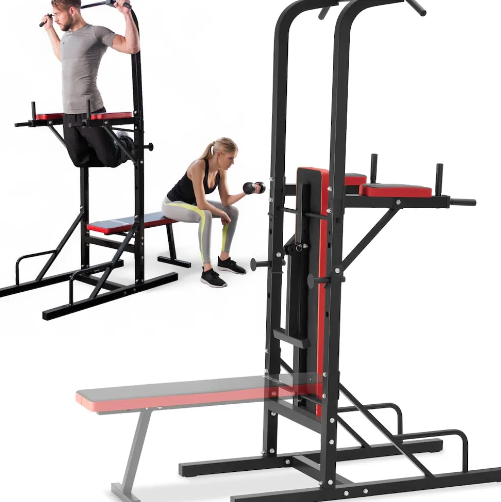 tectake® Power Tower, mit klappbarer Hantelbank und Langhantelablage, gepolstert mit Kunstlederbezug, 180 x 95 x 210 cm