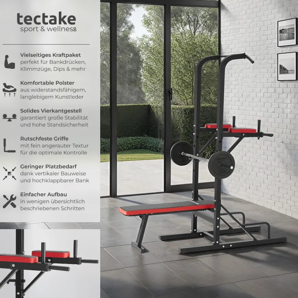 tectake® Power Tower, mit klappbarer Hantelbank und Langhantelablage, gepolstert mit Kunstlederbezug, 180 x 95 x 210 cm