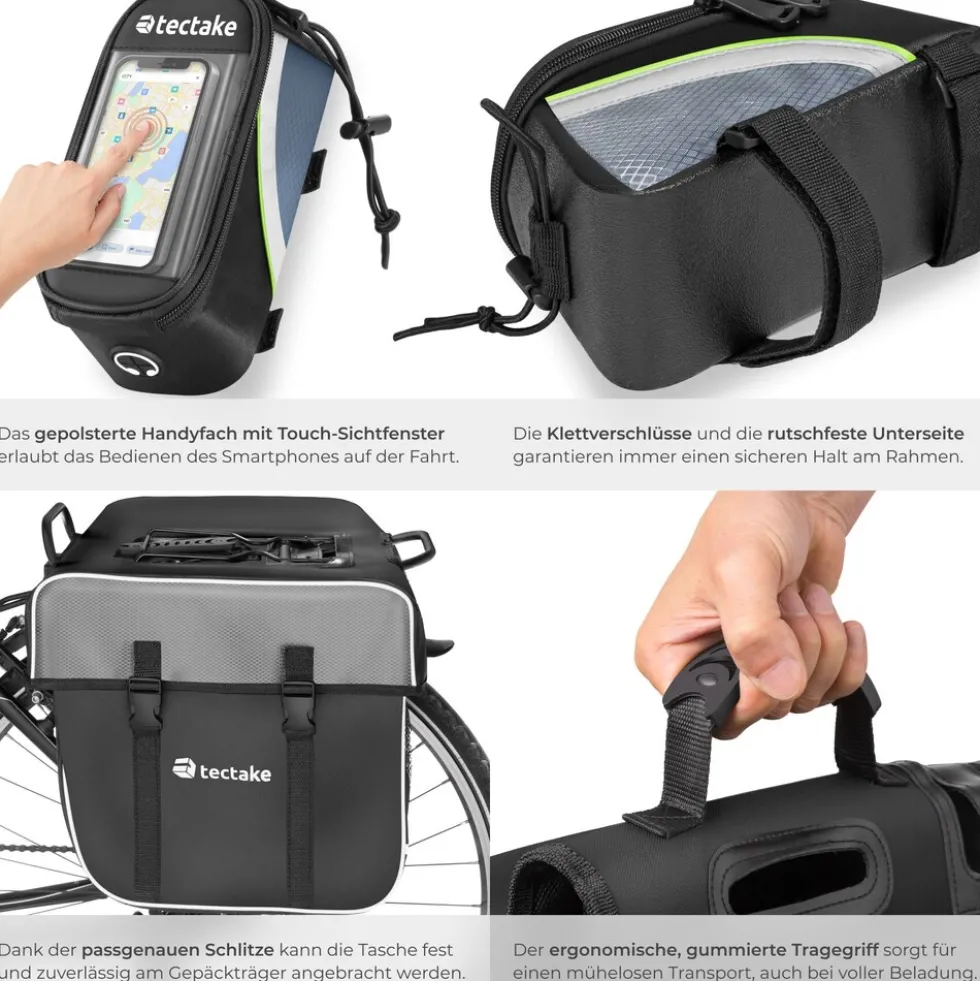 tectake® Set Fahrradtasche Georg und Fahrradrahmentasche, große Fahrradtasche mit 2 Fächern, Schnallenverschluss, Tragegriff und Reflektorstreifen, wasserabweisend und robust