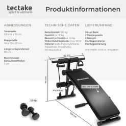 tectake® Sit-up Bank, 6-fach verstellbar, klappbar, rutschfeste Fußenden, inklusive 2 Hanteln und elastische Seile