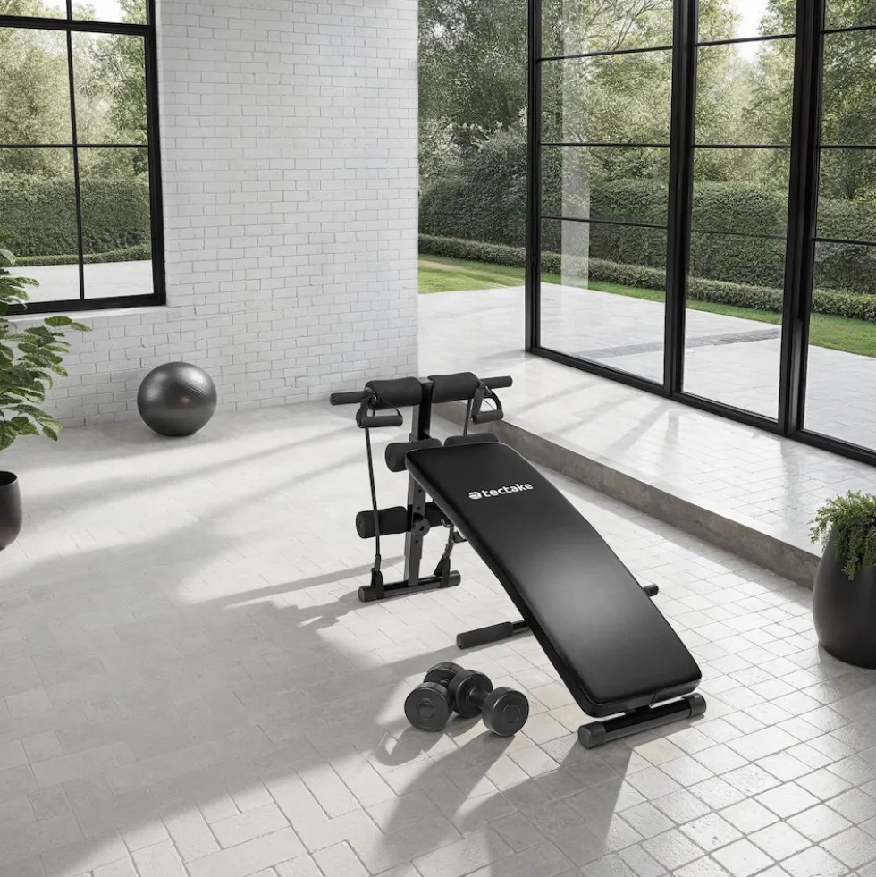 tectake® Sit-up Bank, 6-fach verstellbar, klappbar, rutschfeste Fußenden, inklusive 2 Hanteln und elastische Seile