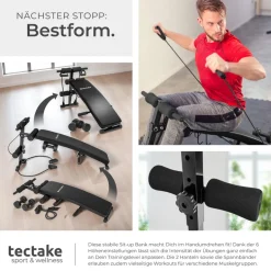tectake® Sit-up Bank, 6-fach verstellbar, klappbar, rutschfeste Fußenden, inklusive 2 Hanteln und elastische Seile