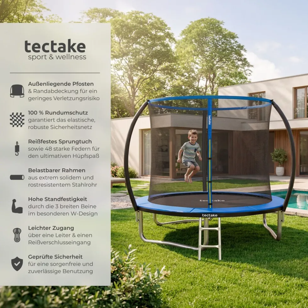 tectake® Trampolin, Ø 244 cm, GS-zertifiziert, Randabdeckung, inklusive Einstiegsleiter