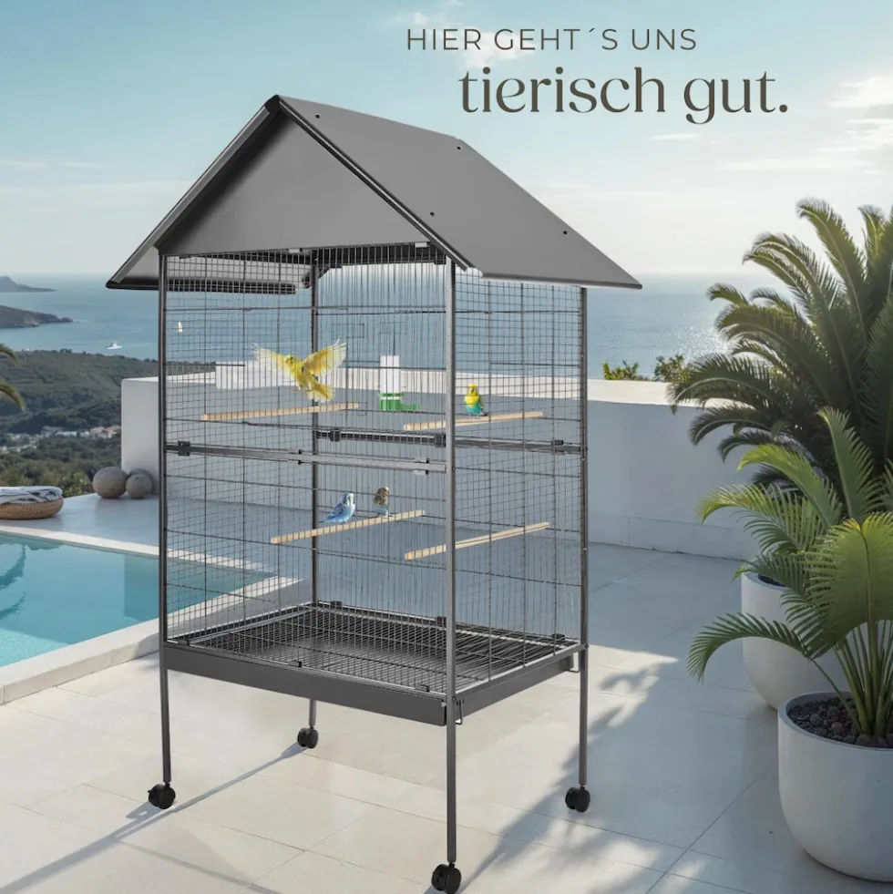 tectake® Vogelkäfig, in Hammerschlagoptik, 2 Türen und geringer Gitterabstand, 85 x 60 x 168 cm