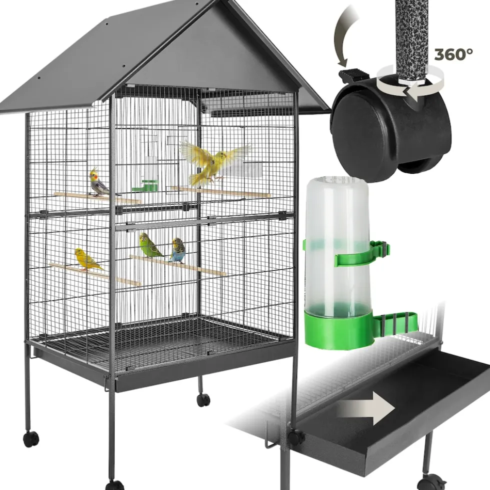 tectake® Vogelkäfig, in Hammerschlagoptik, 2 Türen und geringer Gitterabstand, 85 x 60 x 168 cm