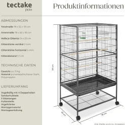 tectake® Vogelkäfig, in Hammerschlagoptik, 2 Schiebeöffnungen und geringer Gitterabstand, 78 x 52 x 131 cm