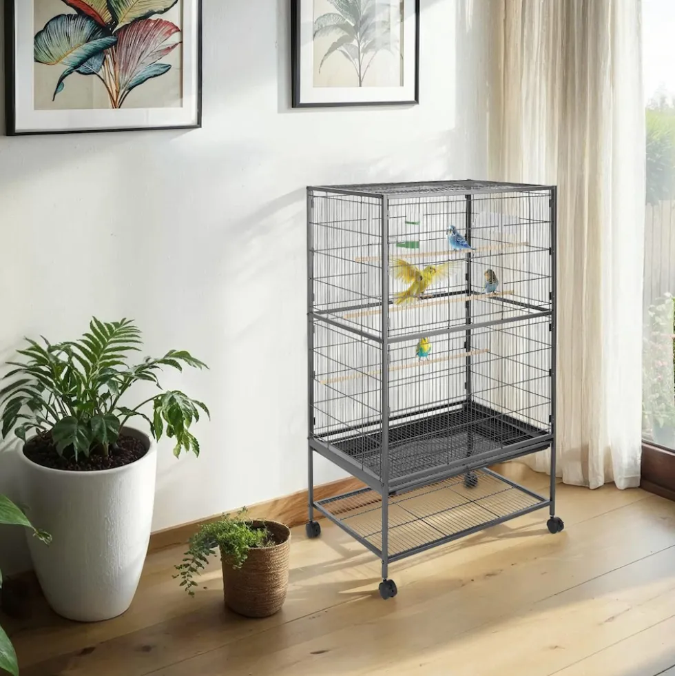 tectake® Vogelkäfig, in Hammerschlagoptik, 2 Schiebeöffnungen und geringer Gitterabstand, 78 x 52 x 131 cm
