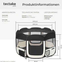 tectake® Welpenauslauf, faltbar, für Innen- und Außenbereich, 2 Eingänge und 6 Fenster, 115 x 115 x 64 cm, inklusive Tragetasche und Heringe