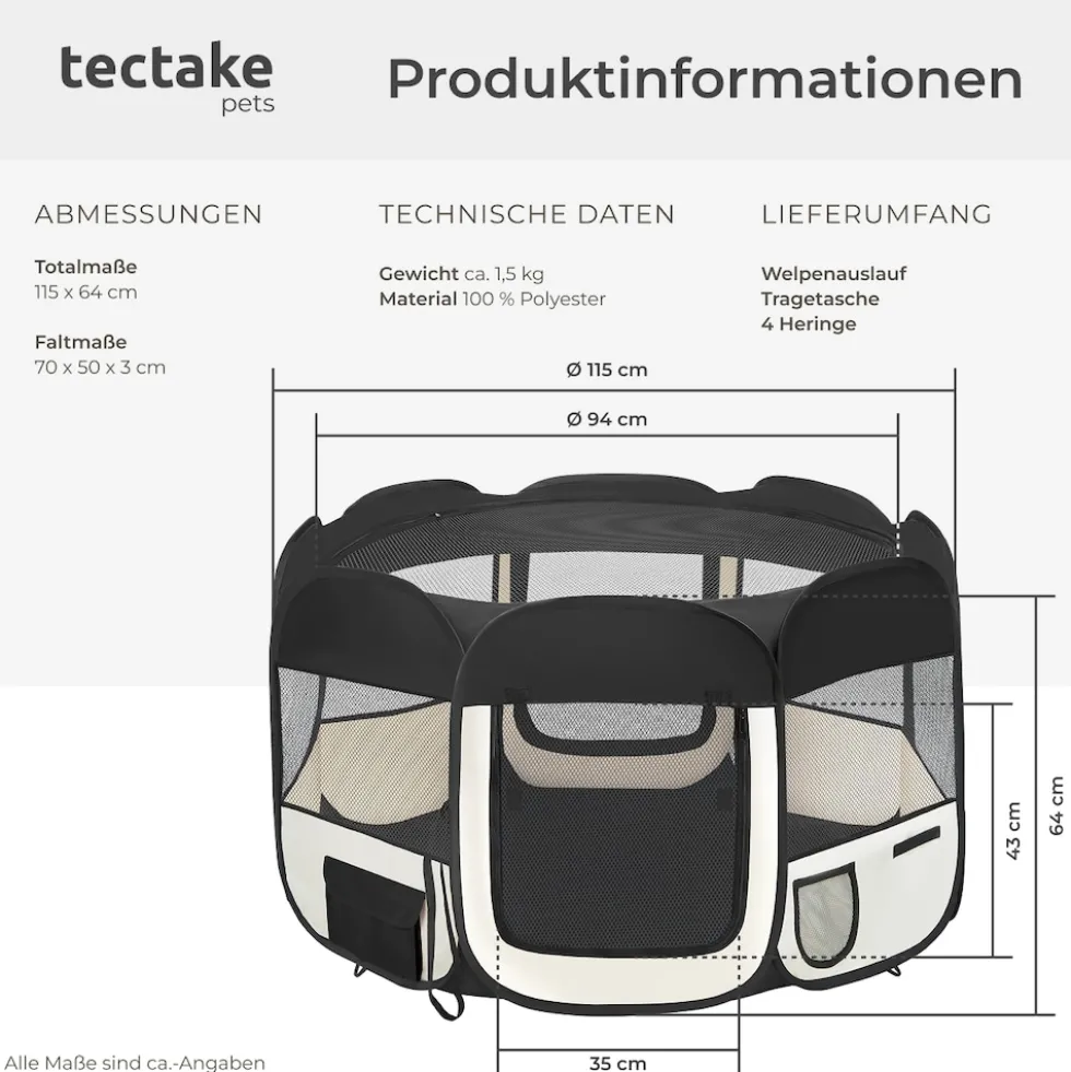 tectake® Welpenauslauf, faltbar, für Innen- und Außenbereich, 2 Eingänge und 6 Fenster, 115 x 115 x 64 cm, inklusive Tragetasche und Heringe