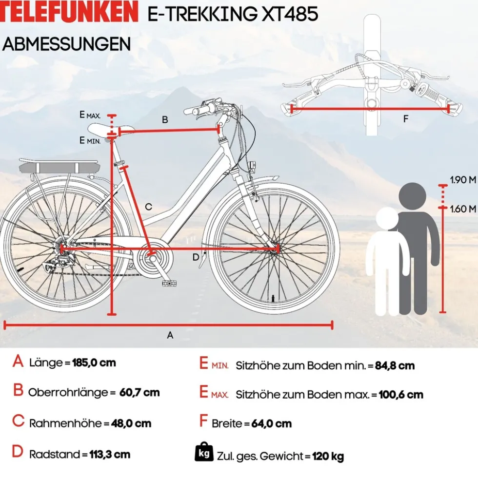 Telefunken Trekking E-Bike | Elektrofahrrad 28 Zoll | 21-Gang Kettenschaltung | Heckmotor 250W | 536,5Wh Akku | Pedelec XT485 Damen