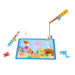 Tooky Toy Angelspiel TKF040 Holz 10 Meerestiere, 2 Angelstäbe magnetische Fische blau