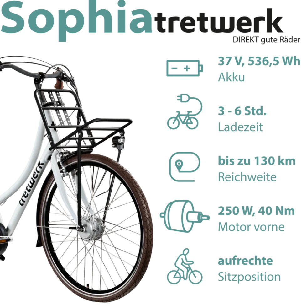 Tretwerk Sophia E Bike Damen Herren 28 Zoll Pedelec 3 Gang Elektrofahrrad mit 536 Wh Elektro Damenfahrrad Citybike mit Bluetooth und App