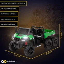 UTV-Kinder-Elektroauto A730 mit 6x4 Vierradantrieb, 2-Sitzer, Kippmulde, Fernbedienung, EVA-Reifen (Grün/Schwarz)