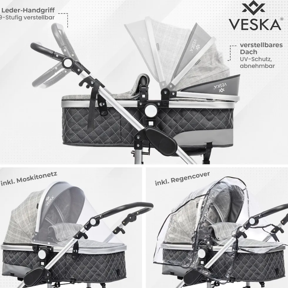 VESKA® 3 in 1 Kombi-Kinderwagen Buggy Reisebuggy inkl. Auto- Babyschale Jogger Faltbar - Silber - anthrazit/grau