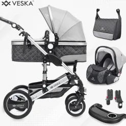 VESKA® 3 in 1 Kombi-Kinderwagen Buggy Reisebuggy inkl. Auto- Babyschale Jogger Faltbar - Silber - anthrazit/grau
