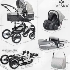 VESKA® 3 in 1 Kombi-Kinderwagen Buggy Reisebuggy inkl. Auto- Babyschale Jogger Faltbar - Silber - anthrazit/grau