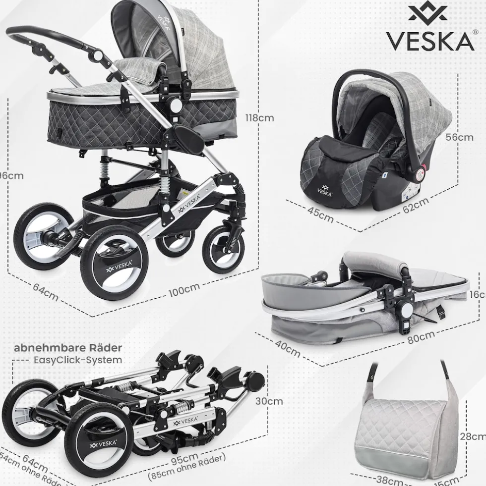 VESKA® 3 in 1 Kombi-Kinderwagen Buggy Reisebuggy inkl. Auto- Babyschale Jogger Faltbar - Silber - anthrazit/grau