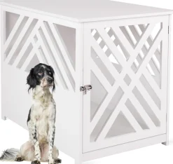 WONDERMAKE® Design Hundekäfig aus Holz für Zuhause Wohnung mit Beistelltisch, Hundebox fürs Wohnzimmer Indoor, 90x60 cm weiß