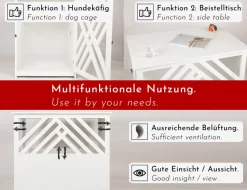 WONDERMAKE® Design Hundekäfig aus Holz für Zuhause Wohnung mit Beistelltisch, Hundebox fürs Wohnzimmer Indoor, 90x60 cm weiß