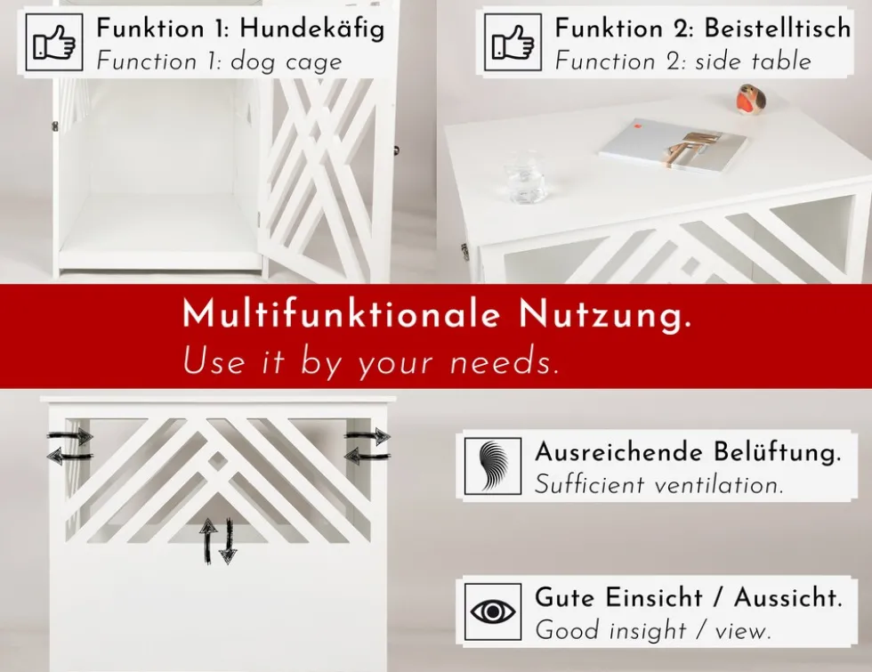 WONDERMAKE® Design Hundekäfig aus Holz für Zuhause Wohnung mit Beistelltisch, Hundebox fürs Wohnzimmer Indoor, 90x60 cm weiß