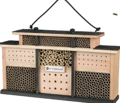 WONDERMAKE® Design Insektenhotel aus Holz mit 7 Zimmern und Terrasse, Bienenhotel groß hängend Nisthilfe für Wildbienen, 48 x 10,5 x 27 cm, braun schwarz