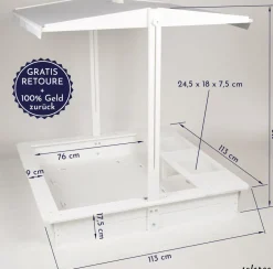 WONDERMAKE® Design Sandkasten mit Matschküche, Dach, Abdeckung OXFORD 420D, Vliesfolie, Sandkiste Holz quadratisch verschließbar Outdoor Garten für Kinder, weiß silber