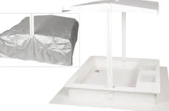 WONDERMAKE® Design Sandkasten mit Matschküche, Dach, Abdeckung OXFORD 420D, Vliesfolie, Sandkiste Holz quadratisch verschließbar Outdoor Garten für Kinder, weiß silber