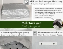 WONDERMAKE® Design Sandkasten mit Matschküche, Dach, Abdeckung OXFORD 420D, Vliesfolie, Sandkiste Holz quadratisch verschließbar Outdoor Garten für Kinder, weiß silber