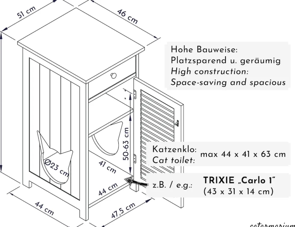 WONDERMAKE® Katzenschrank für Katzentoilette groß hoch aus Holz, Katzenklo-Schrank Kommode mit Schublade und Tür geschlossen, Design Katzen-Haus Toilette Klo XL, 51 x 46 x 96 cm, weiß