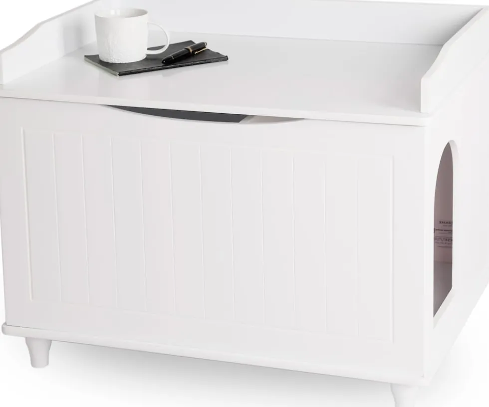 WONDERMAKE® Katzenschrank für Katzentoilette groß aus Holz, Katzenklo-Schrank Kommode XL, Design Katzen-Haus Toilette Klo Waschbecken-Unterschrank für Bad, 73,5 x 51,5 x 57 cm, weiß