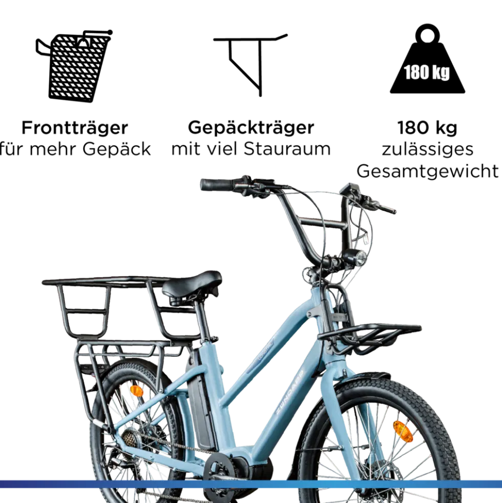 Zündapp Longtail M400 E Bike Lastenrad bis 180 kg 24 Zoll Elektrofahrrad 160-195 cm Mittelmotor Cargo Elektro Fahrrad 7 Gänge Pedelec