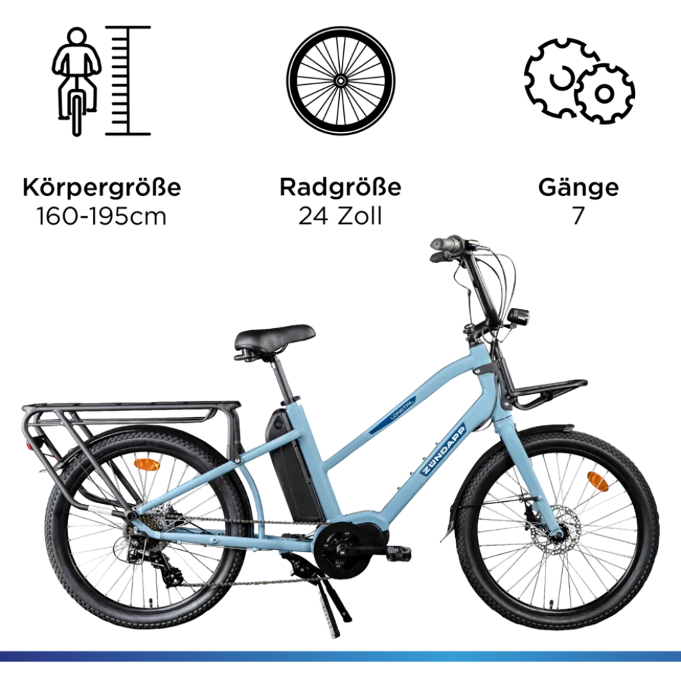 Zündapp Longtail M400 E Bike Lastenrad bis 180 kg 24 Zoll Elektrofahrrad 160-195 cm Mittelmotor Cargo Elektro Fahrrad 7 Gänge Pedelec