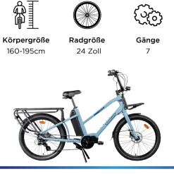 Zündapp Longtail M400 E Bike Lastenrad bis 180 kg 24 Zoll Elektrofahrrad 160-195 cm Mittelmotor Cargo Elektro Fahrrad 7 Gänge Pedelec