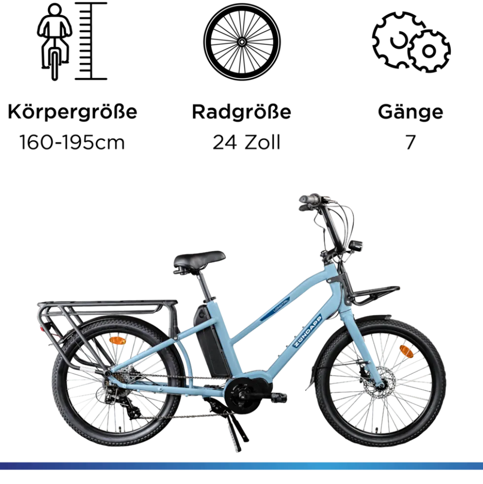 Zündapp Longtail M400 E Bike Lastenrad bis 180 kg 24 Zoll Elektrofahrrad 160-195 cm Mittelmotor Cargo Elektro Fahrrad 7 Gänge Pedelec
