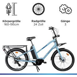 Zündapp Longtail M400 E Bike Lastenrad bis 180 kg 24 Zoll Elektrofahrrad 160-195 cm Mittelmotor Cargo Elektro Fahrrad 7 Gänge Pedelec