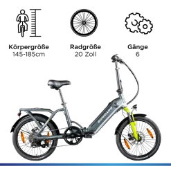 Zündapp ZT20R Ebike Klapprad für Erwachsene 145 - 185 cm Pedelec für Damen und Herren 20 Zoll mit 6 Gängen Elektro Bike Faltrad