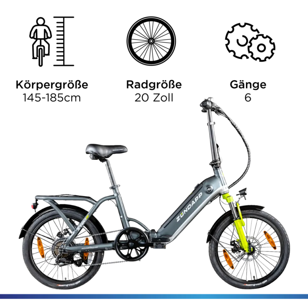 Zündapp ZT20R Ebike Klapprad für Erwachsene 145 - 185 cm Pedelec für Damen und Herren 20 Zoll mit 6 Gängen Elektro Bike Faltrad